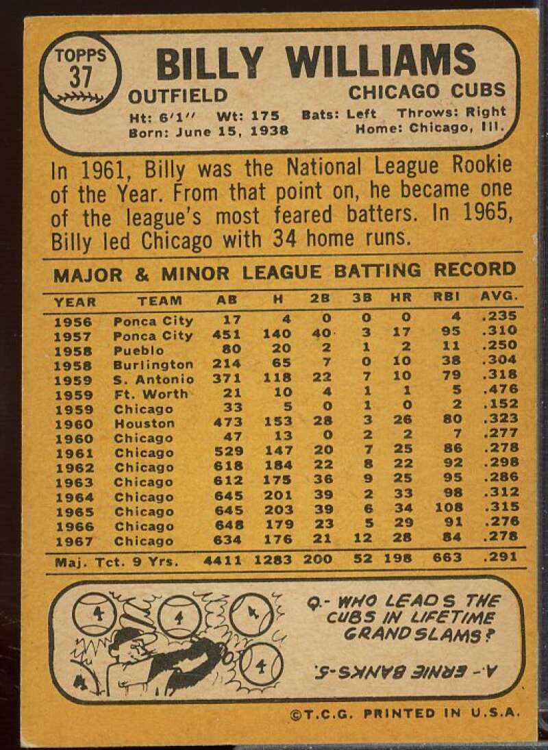 Billy Williams Card 1968 Topps #37  Image 2