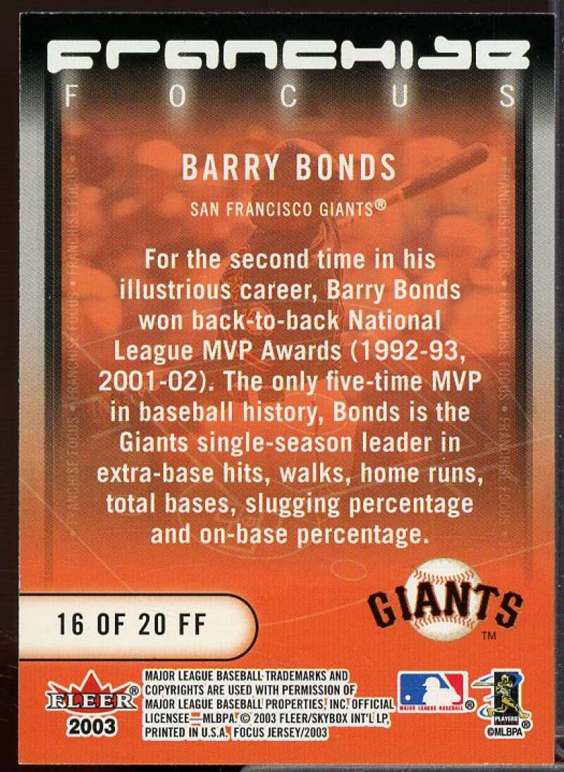 Barry Bonds Card 2003 Fleer Focus JE Franchise Focus #16  Image 2