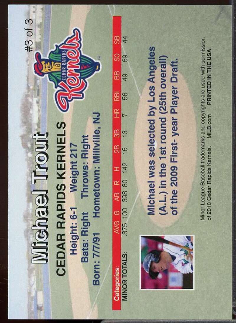 Mike Trout Rookie Card 2010 Cedar Rapids Kernels Rising Alumni Team Issue #3  Image 2