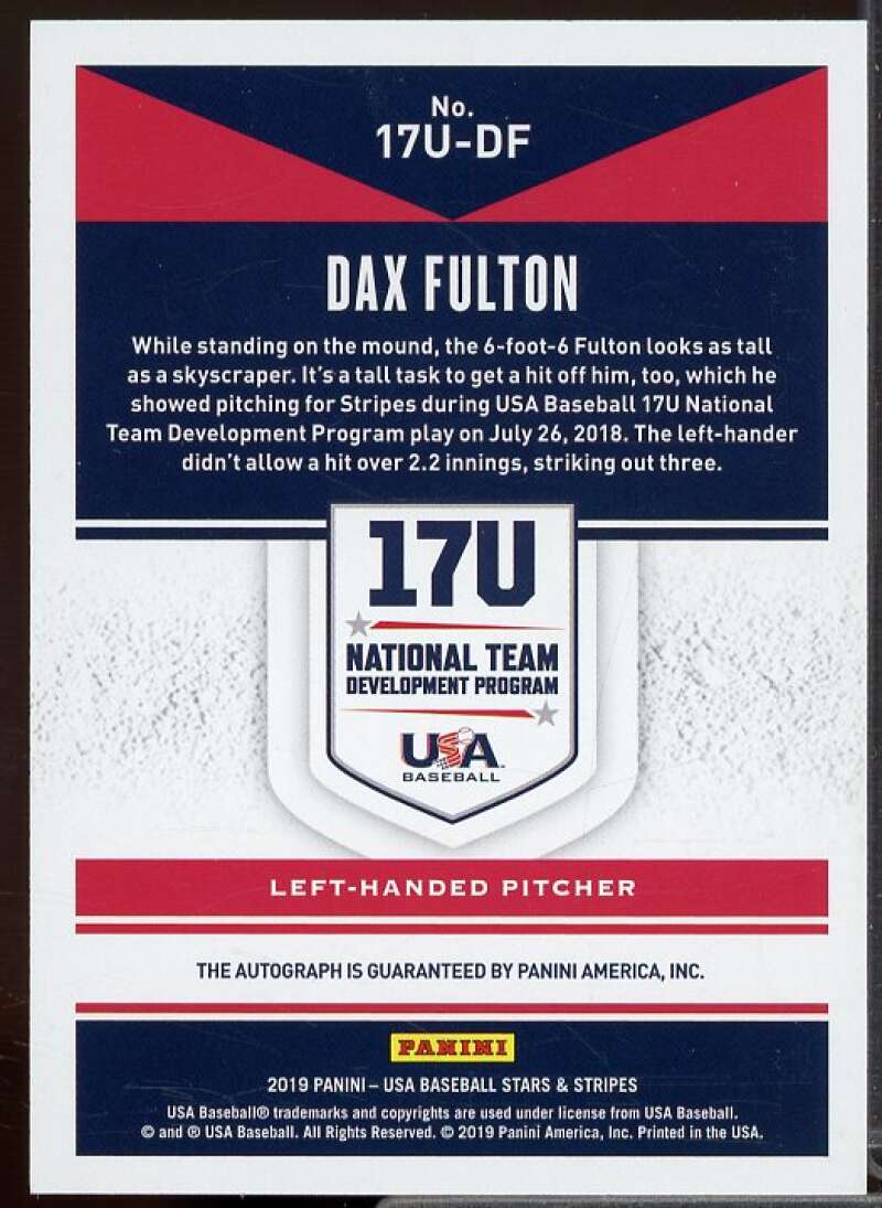 Dax Fulton Rookie Card 2019 USA Baseball Stars Stripes 17U Signatures #15  Image 2