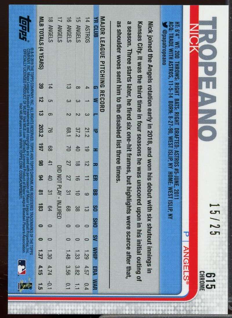 Nick Tropeano Rookie Card 2019 Topps Chrome Sapphire Orange #615  Image 2