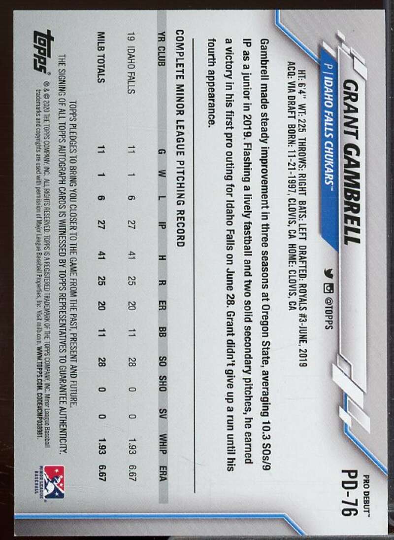 Grant Gambrell Rookie Card 2020 Topps Pro Debut Autographs #PD76  Image 2