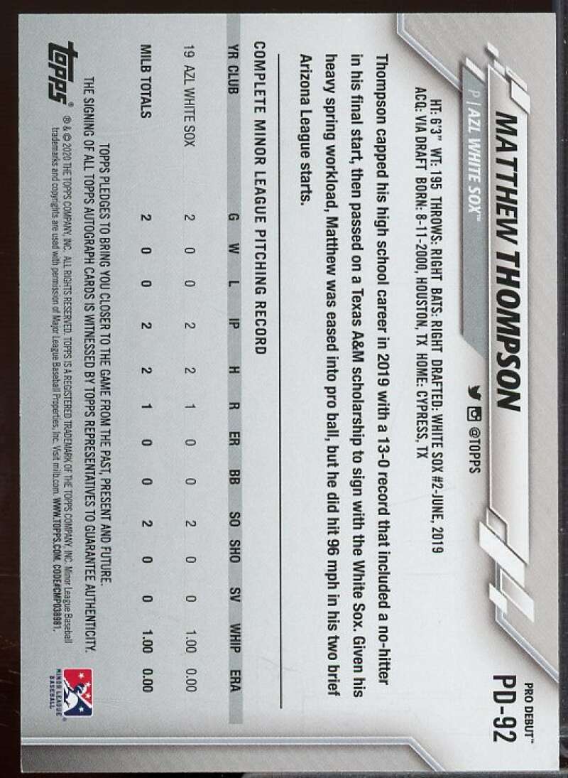 Matthew Thompson Rookie Card 2020 Topps Pro Debut Autographs #PD92  Image 2