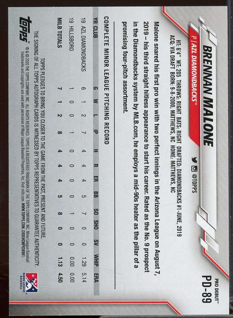 Brennan Malone Rookie Card 2020 Topps Pro Debut Autographs #PD89  Image 2