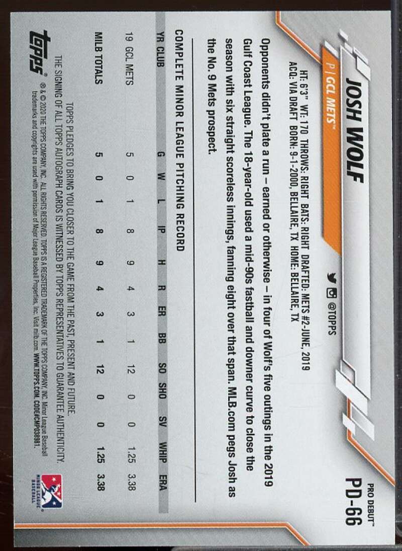 Josh Wolf Rookie Card 2020 Topps Pro Debut Autographs #PD66  Image 2