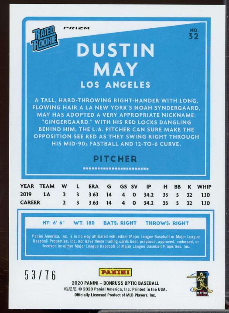 Dustin May Rookie Card 2020 Donruss Optic Spirit of 76 #32  Image 2