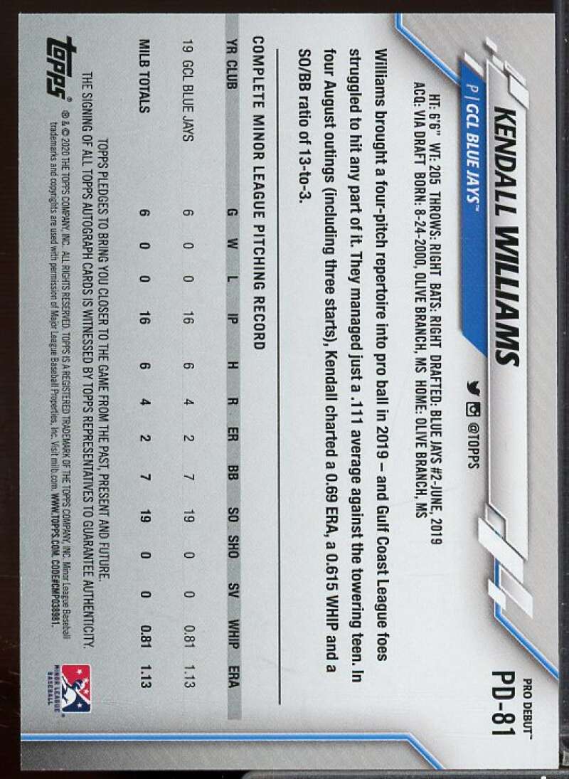 Kendall Williams Rookie Card 2020 Topps Pro Debut Autographs #PD81  Image 2