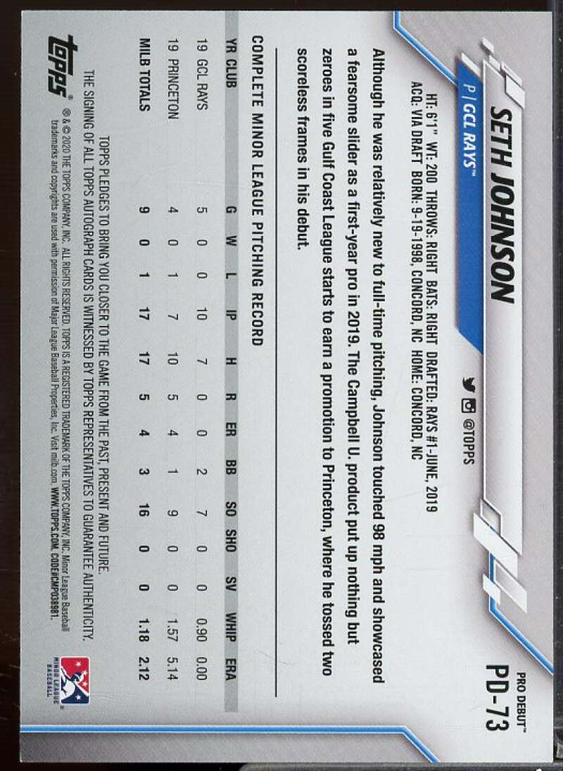 Seth Johnson Rookie Card 2020 Topps Pro Debut Autographs #PD73  Image 2