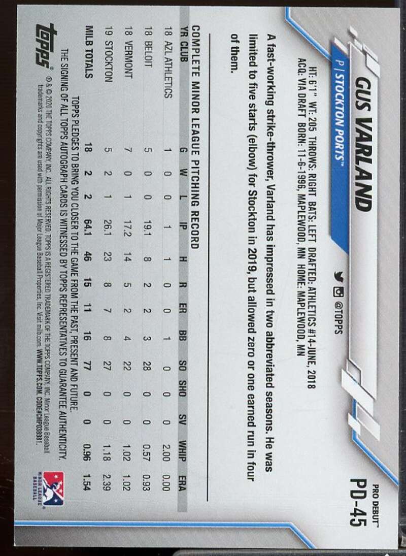 Gus Varland Rookie Card 2020 Topps Pro Debut Autographs #PD45  Image 2