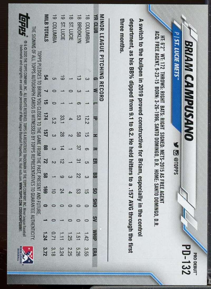 Briam Campusano Rookie Card 2020 Topps Pro Debut Autographs #PD132  Image 2