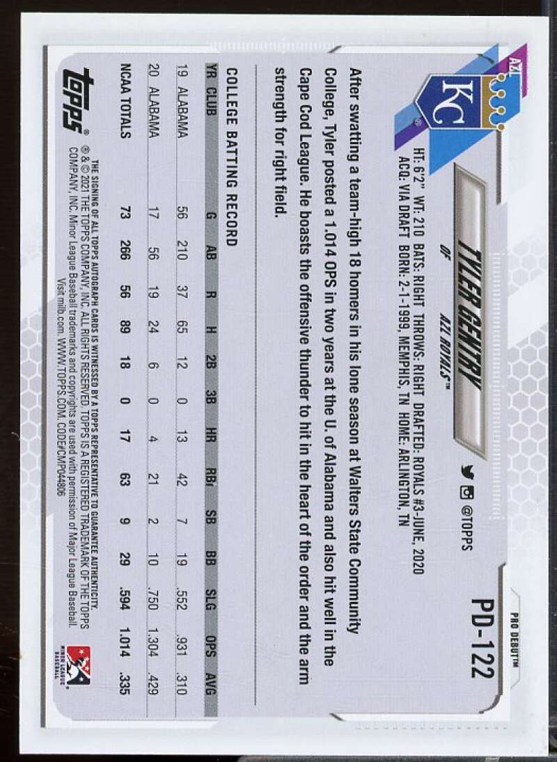 Tyler Gentry Rookie Card 2021 Topps Pro Debut Autographs #PD122  Image 2