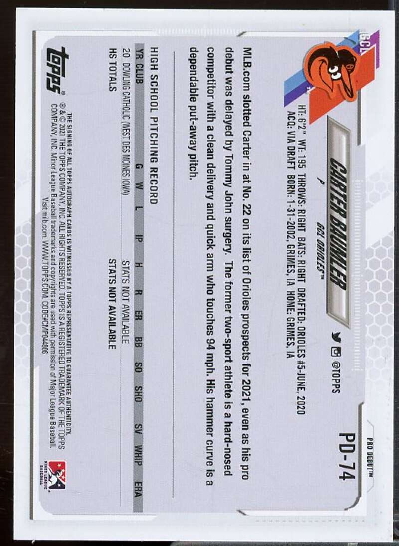 Carter Baumler Rookie Card 2021 Topps Pro Debut Autographs #PD74  Image 2