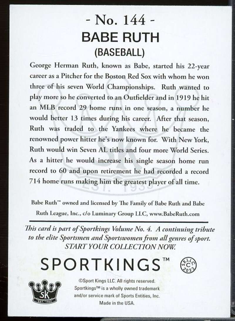 Babe Ruth (Yellow Background) Card 2023 Sportkings Volume 4 Retail #144  Image 2