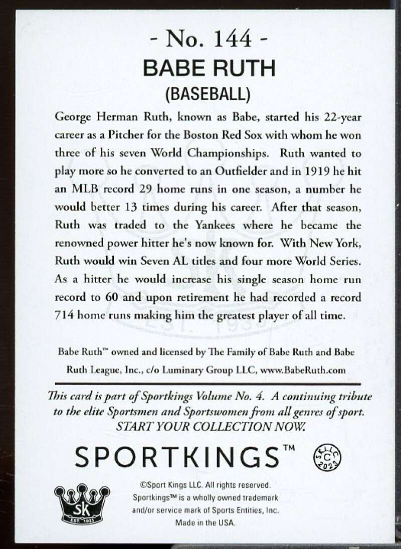 Babe Ruth (Purple Background) Card 2023 Sportkings Volume 4 Retail  #144  Image 2