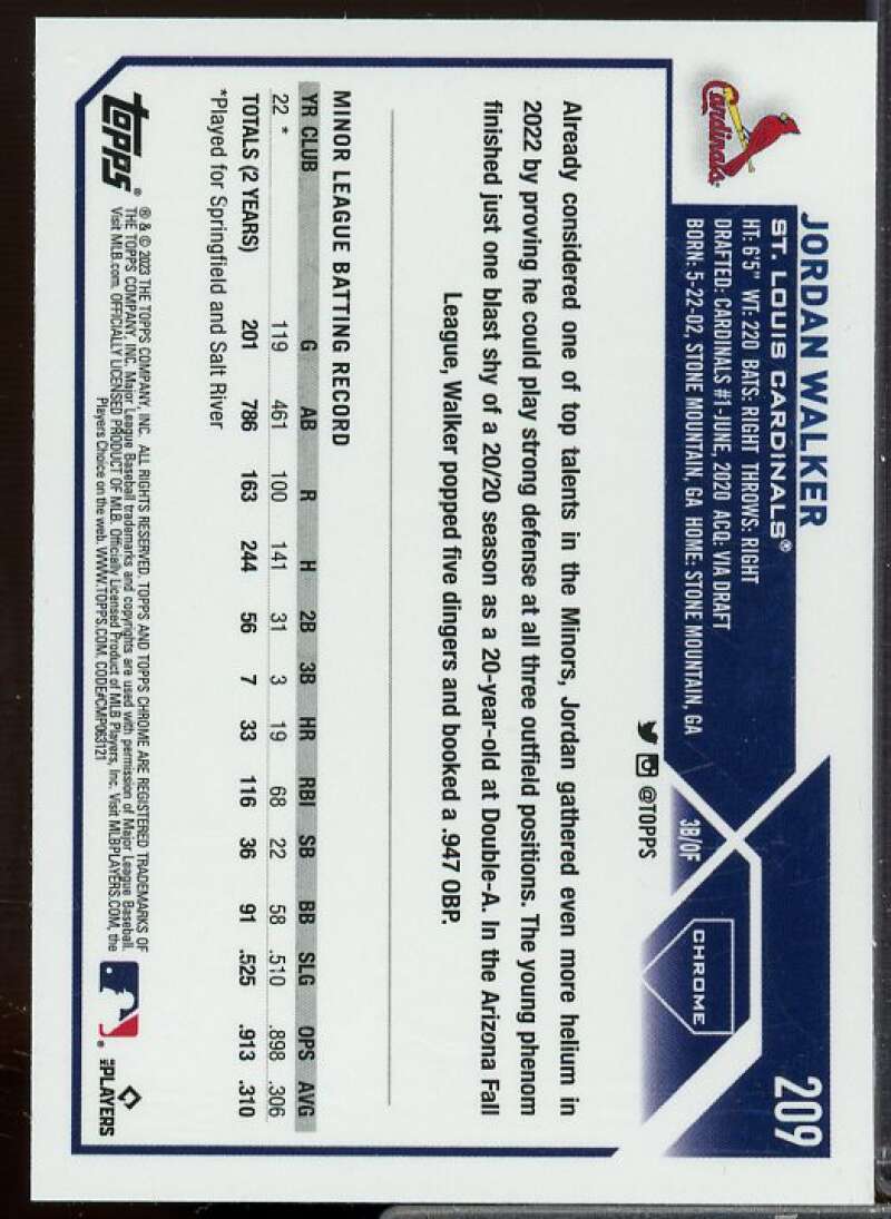 Jordan Walker Rookie Card 2023 Topps Chrome #209  Image 2