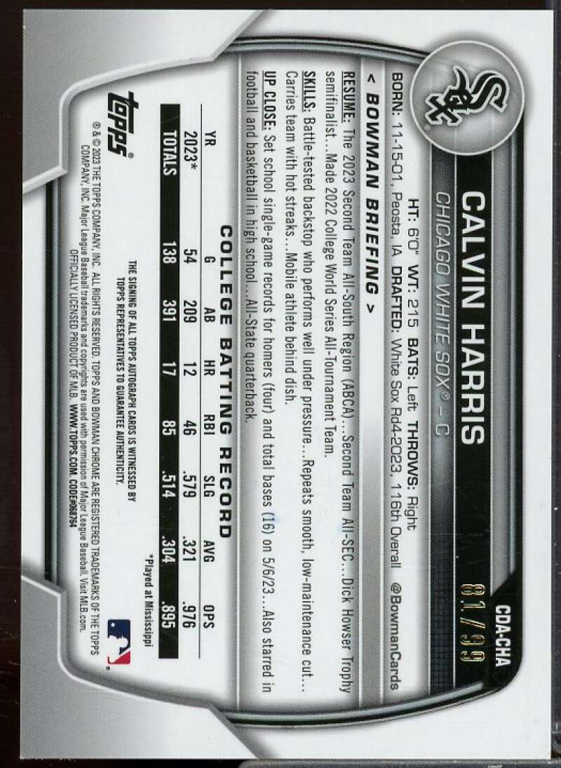 Calvin Harris 2023 Bowman Chrome Draft Autographs Green Lava Refractors #CDACHA  Image 2