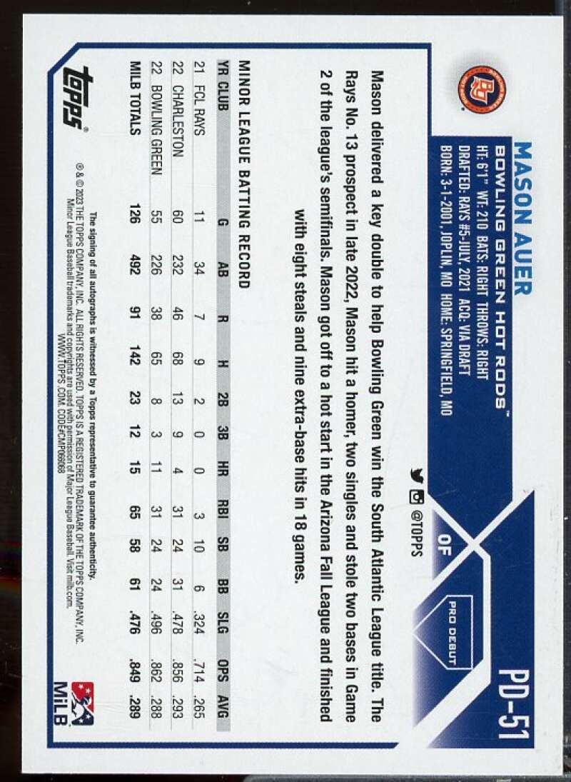 Mason Auer Rookie Card 2023 Topps Pro Debut Autographs #PD51  Image 2