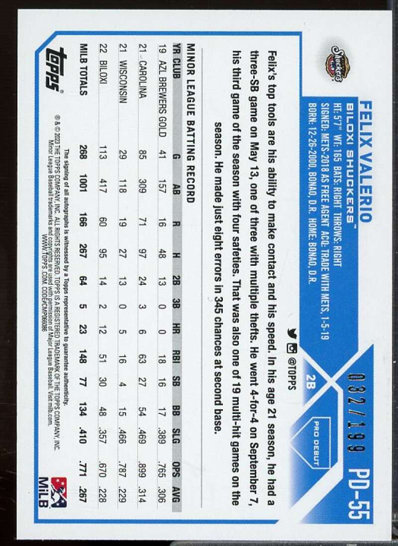 Felix Valerio Rookie Card 2023 Topps Pro Debut Autographs Sparkle Foil #PD55  Image 2