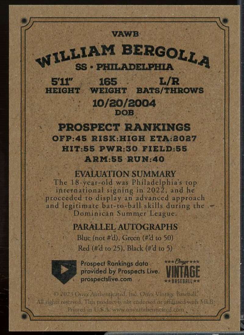 Auto Rookie Card 2023 Onyx Vintage Auto Blue Ink William Bergolla #VAWB  Image 2