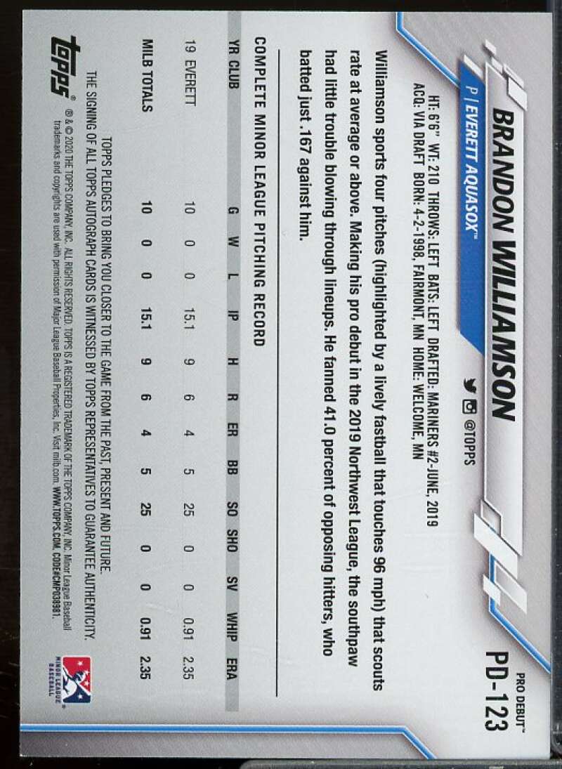 Brandon Williamson Rookie Card 2020 Topps Pro Debut Autographs #PD123  Image 2