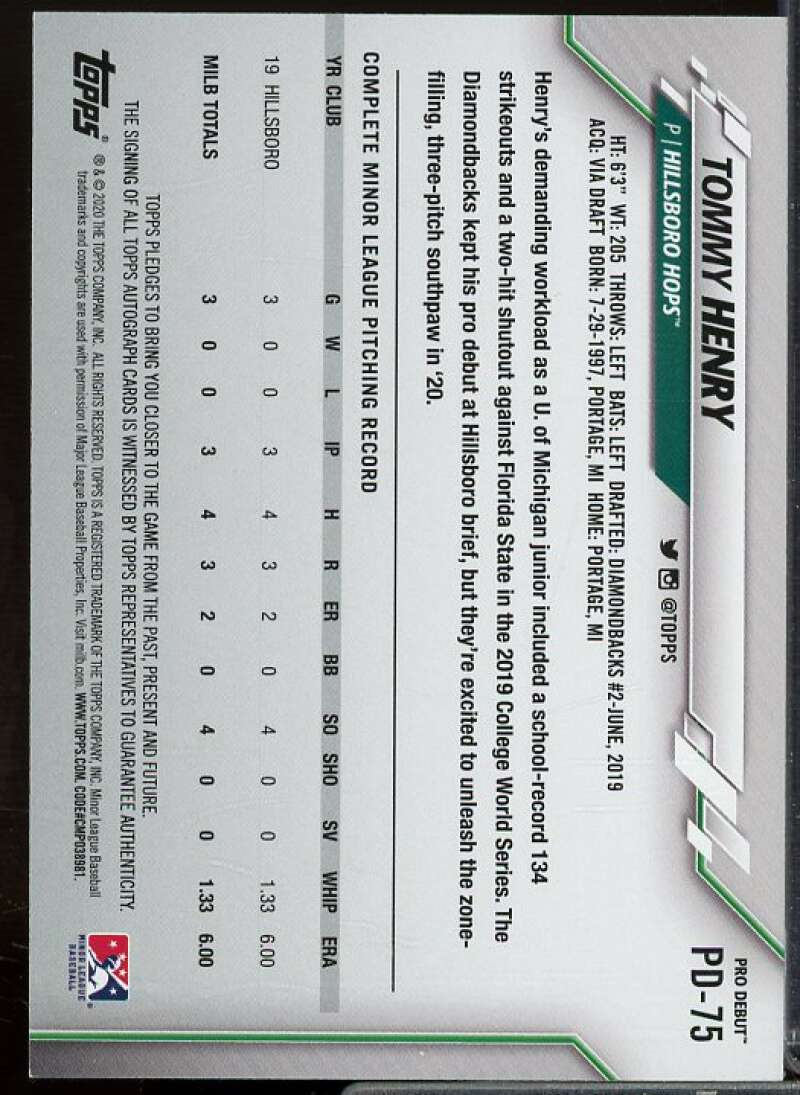 Tommy Henry Rookie Card 2020 Topps Pro Debut Autographs #PD75  Image 2