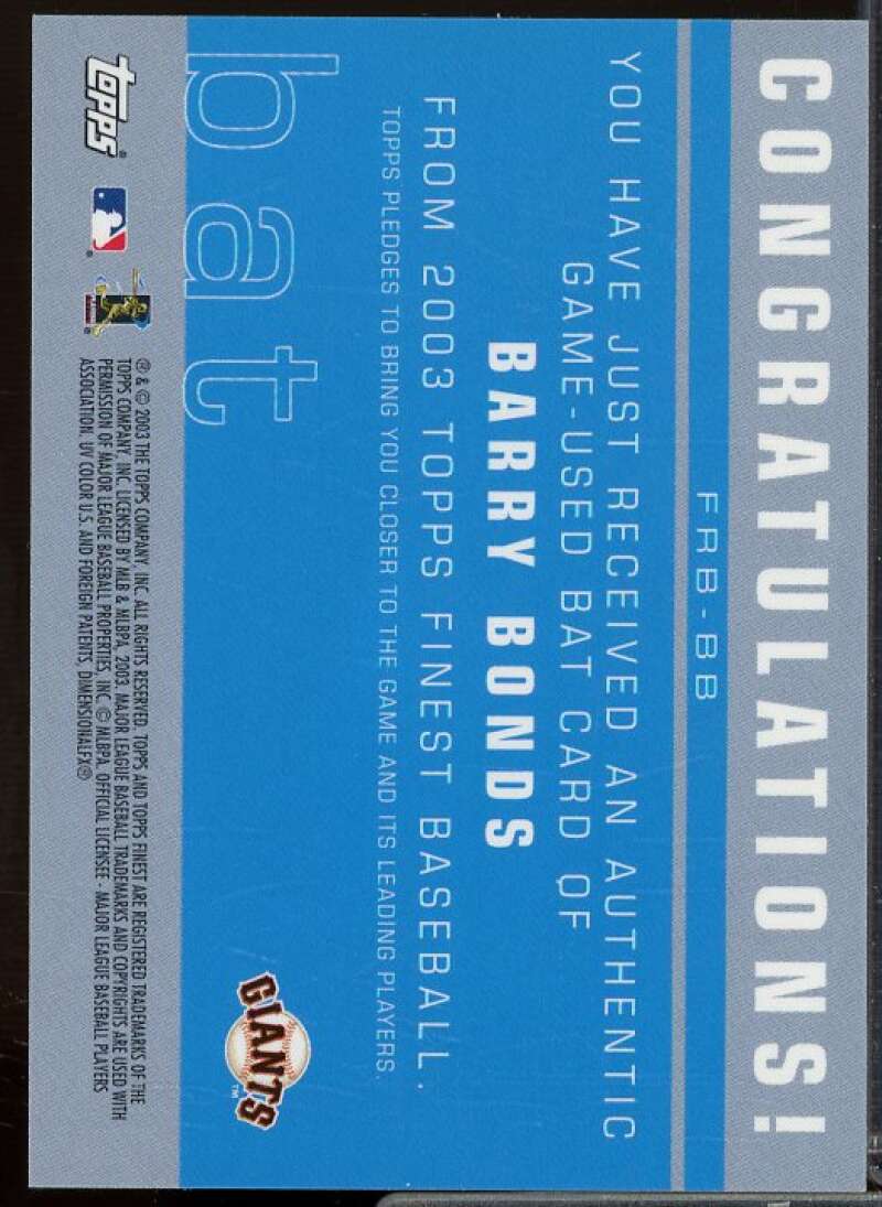 Barry Bonds F Card 2003 Finest Bat Relics #BB  Image 2