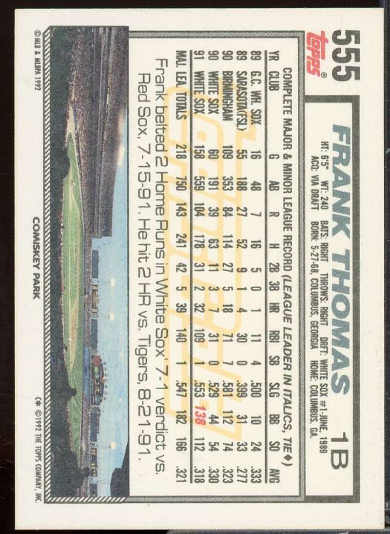 Frank Thomas Card 1992 Topps Gold Winners #555  Image 2