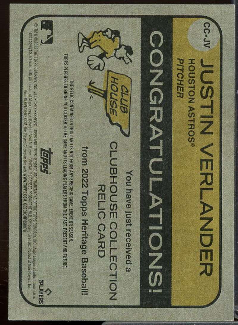 Justin Verlander Card 2022 Topps Heritage Clubhouse Collection Relics #CCJV  Image 2