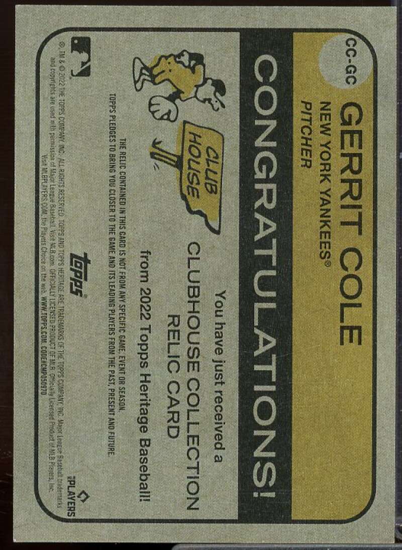 Gerrit Cole Card 2022 Topps Heritage Clubhouse Collection Relics #CCGC  Image 2