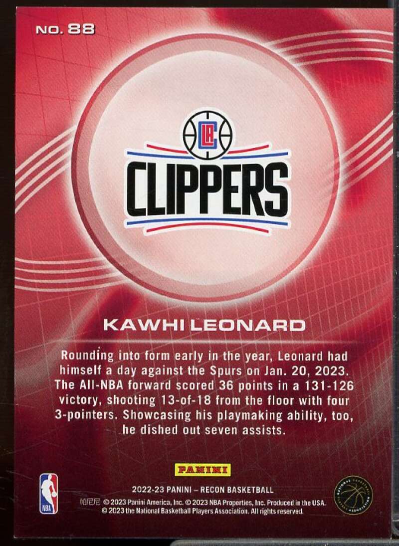 Kawhi Leonard Card 2022-23 Panini Recon Holo Blue #88  Image 2