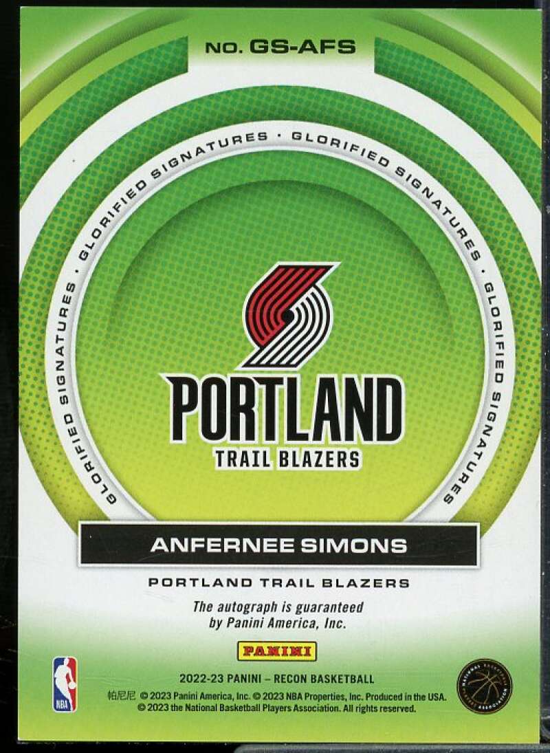 Anfernee Simons Card 2022-23 Panini Recon Glorified Signatures #27  Image 2