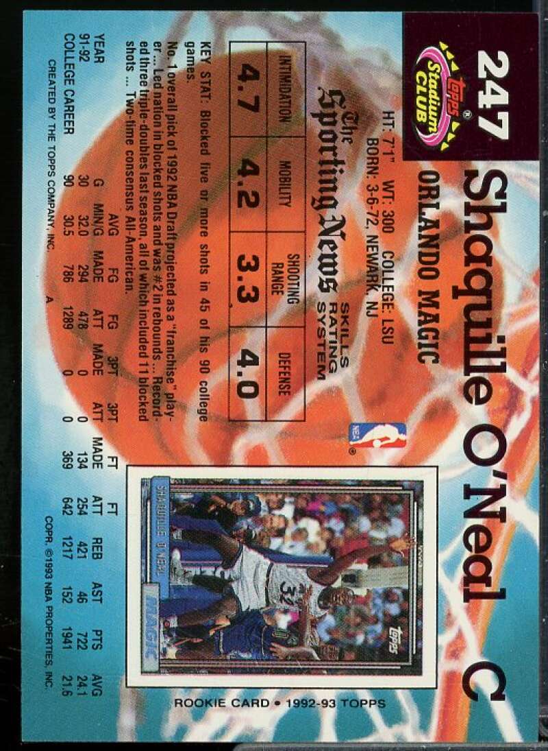 Shaquille O'Neal Rookie Card 1992-93 Stadium Club #247  Image 2