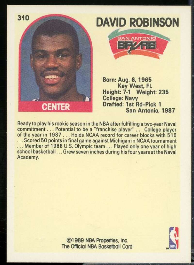David Robinson IA Rookie Card 1989-90 Hoops #310  Image 2