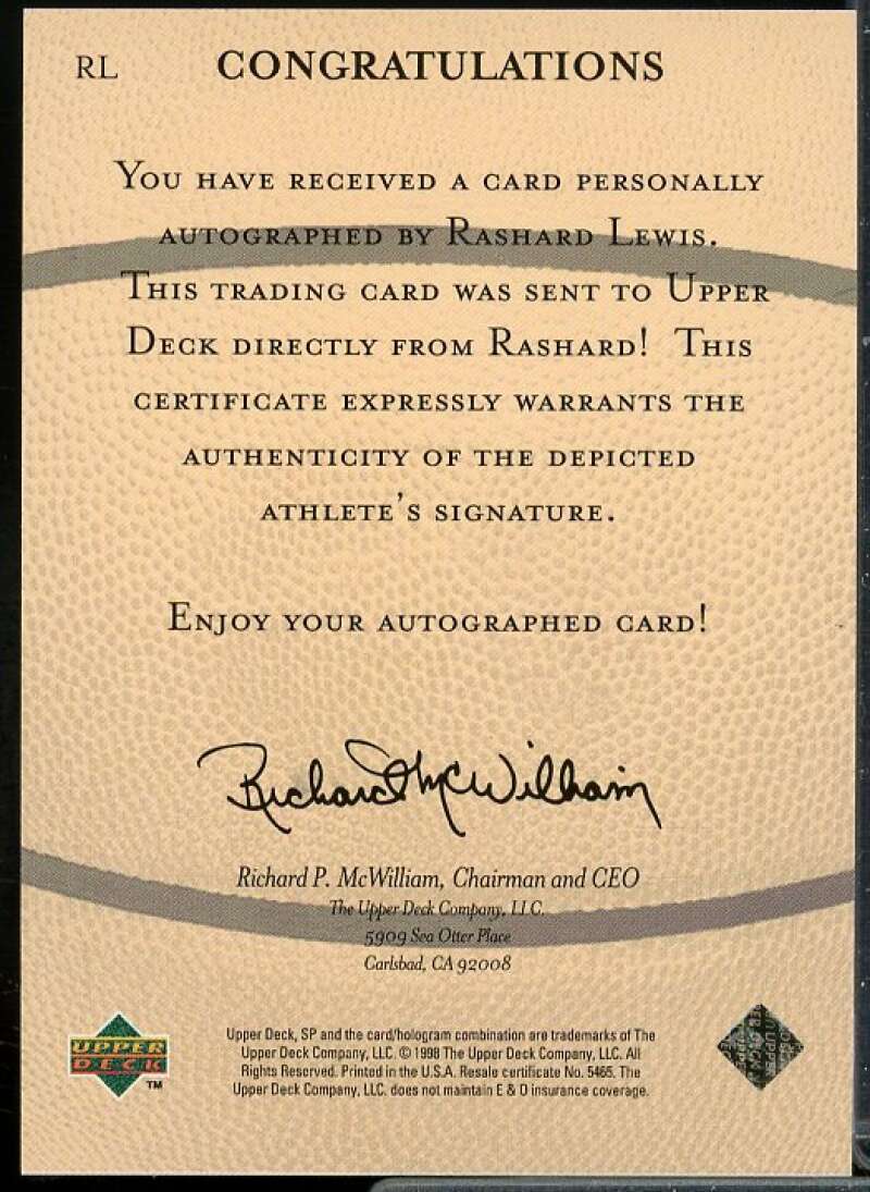 Rashard Lewis Rookie Card 1998 SP Top Prospects Vital Signs #RL  Image 2