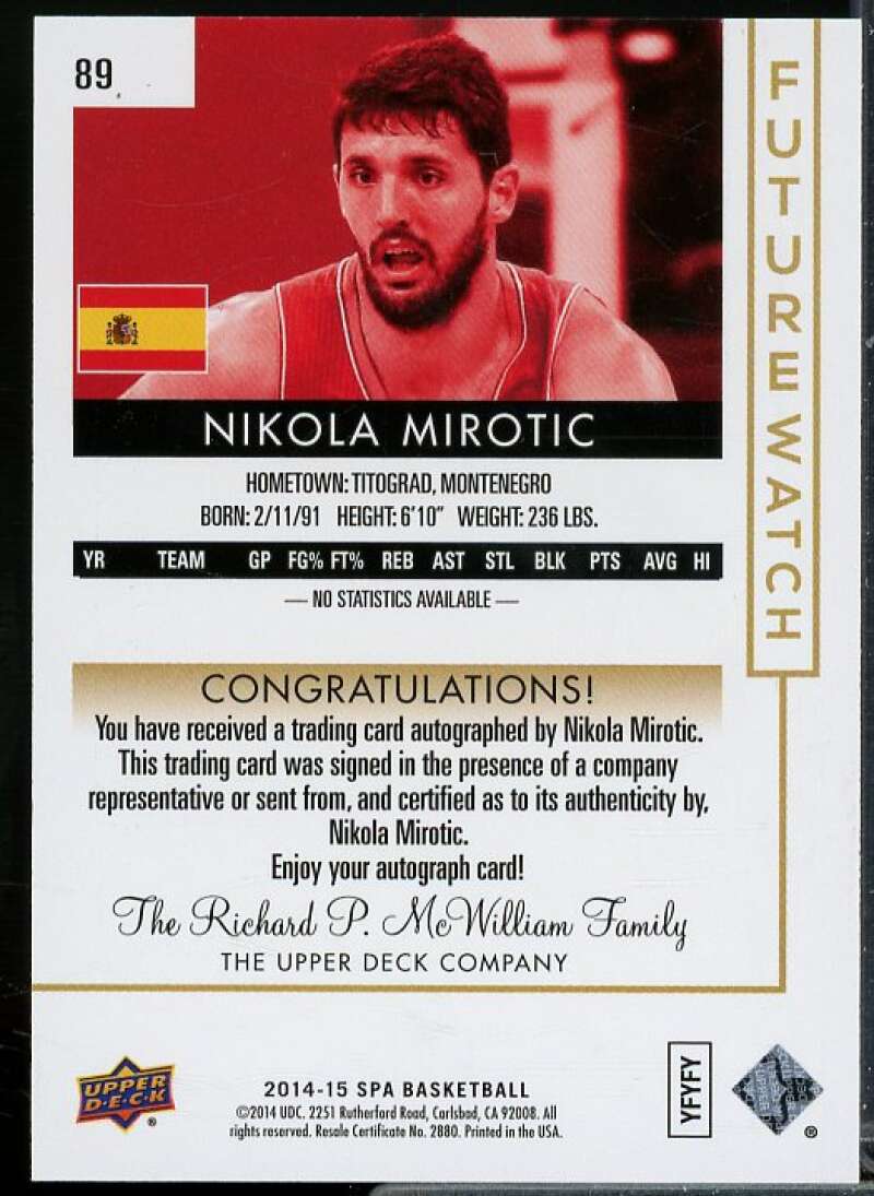 Nikola Mirotic AU Rookie Card 2014-15 SP Authentic #89  Image 2