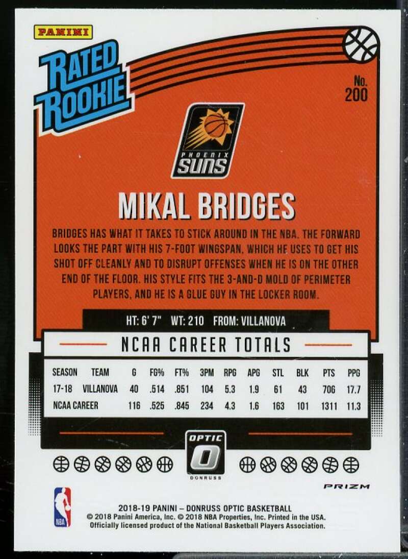 Mikal Bridges Rookie Card 2018-19 Donruss Optic Shock #200  Image 2