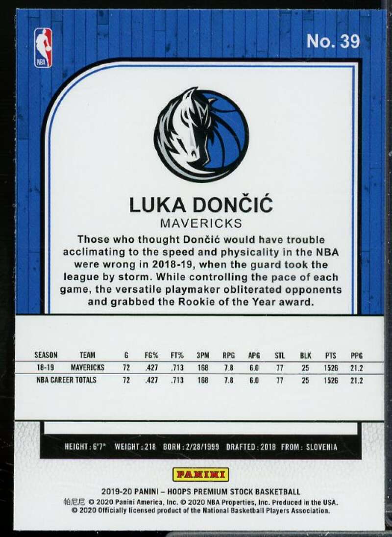 Luka Doncic Card 2019-20 Hoops Premium Stock #39  Image 2