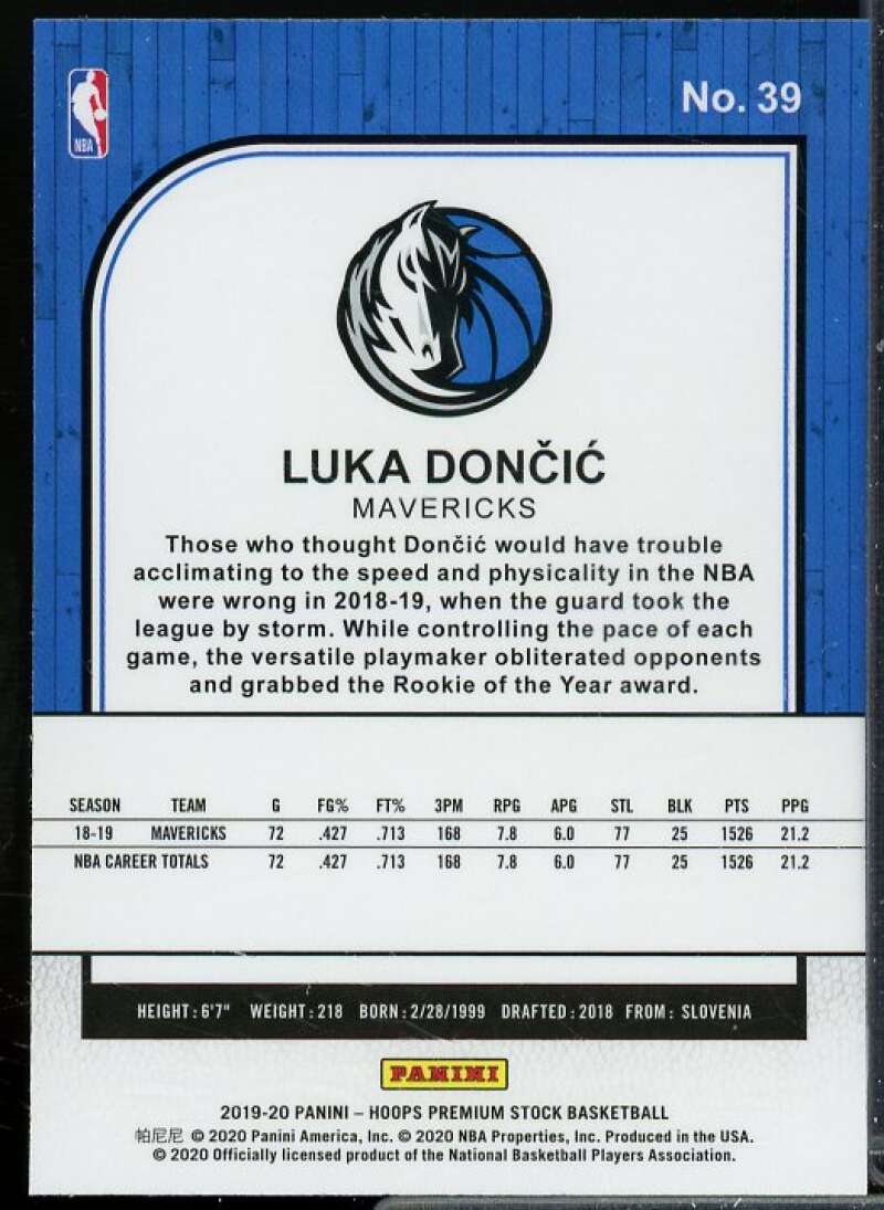 Luka Doncic Card 2019-20 Hoops Premium Stock #39  Image 2