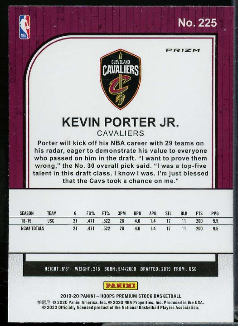 Kevin Porter Jr. Rookie 2019-20 Hoops Premium Stock Prizms Silver Laser #225  Image 2