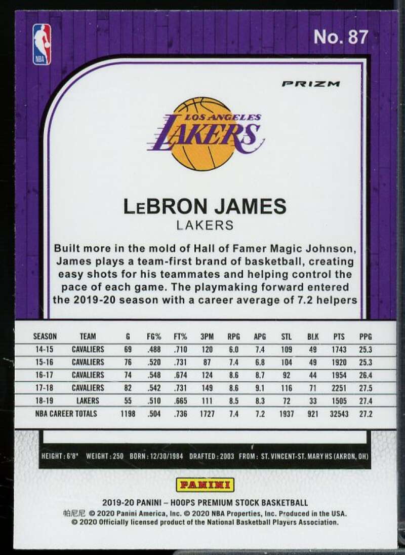 LeBron James Card 2019-20 Hoops Premium Stock Prizms Purple Disco #87  Image 2