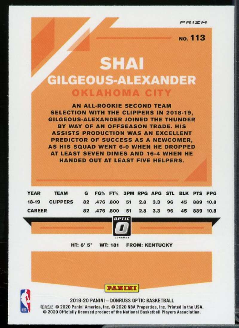 Shai Gilgeous-Alexander Card 2019-20 Donruss Optic Holo #113  Image 2