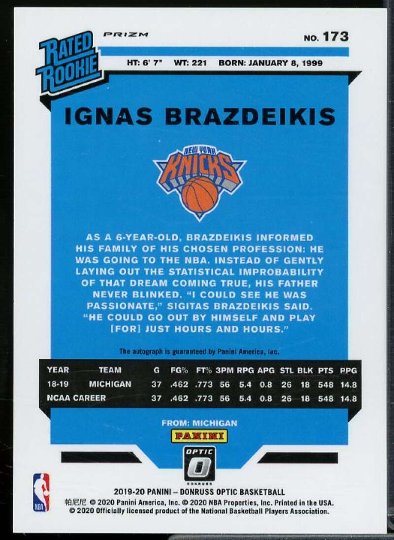 Ignas Brazdeikis 2019-20 Donruss Optic Rated Rookies Signatures Purple #173  Image 2