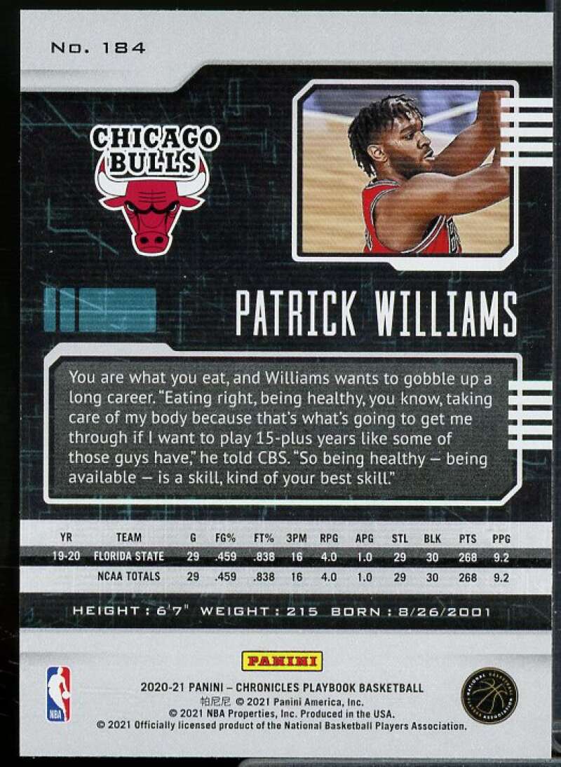 Patrick Williams/Playbook Rookie Card 2020-21 Panini Chronicles Green Ice #184  Image 2