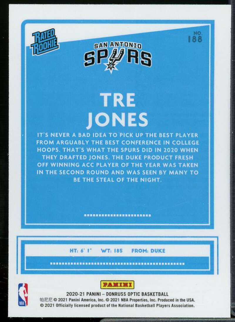 Tre Jones Rookie Card 2020-21 Donruss Optic Holo #188  Image 2