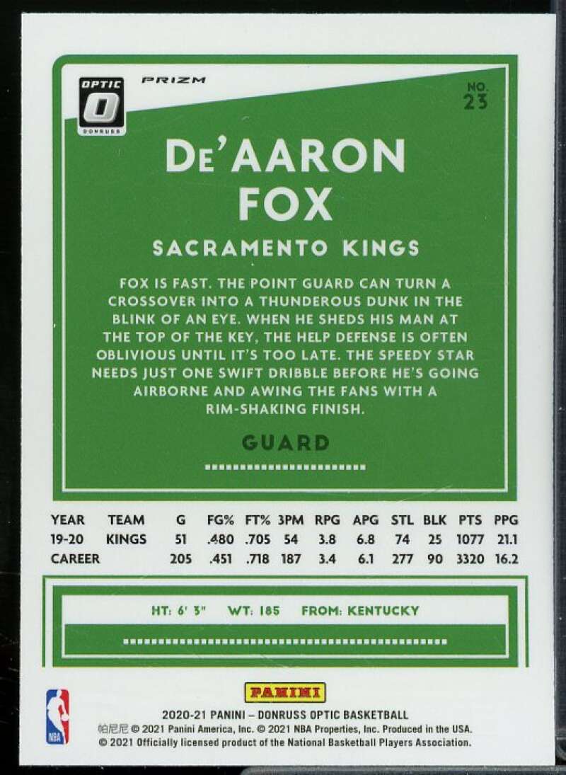 De'Aaron Fox Card 2020-21 Donruss Optic Purple #23  Image 2