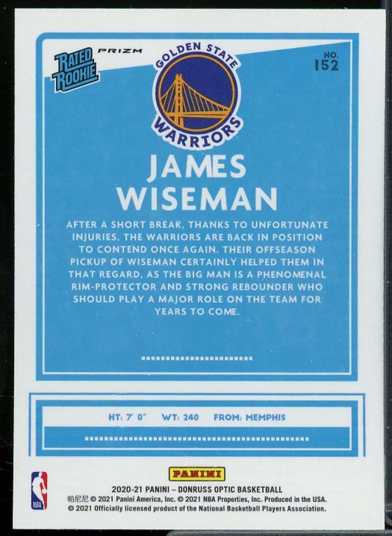 James Wiseman Rookie Card 2020-21 Donruss Optic Blue Velocity #152  Image 2