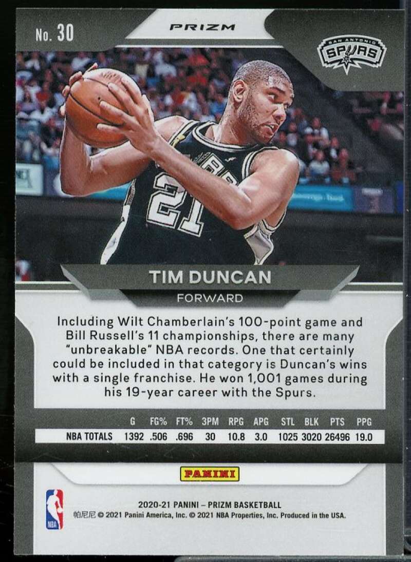 Tim Duncan Card 2020-21 Panini Prizm Prizms Ruby Wave #30  Image 2