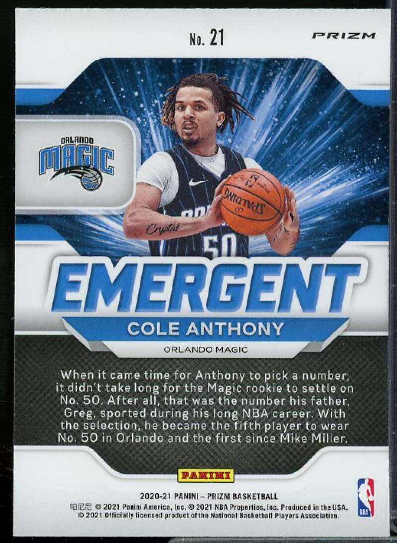 Cole Anthony Rookie Card 2020-21 Panini Prizm Emergent Prizms Green #21  Image 2