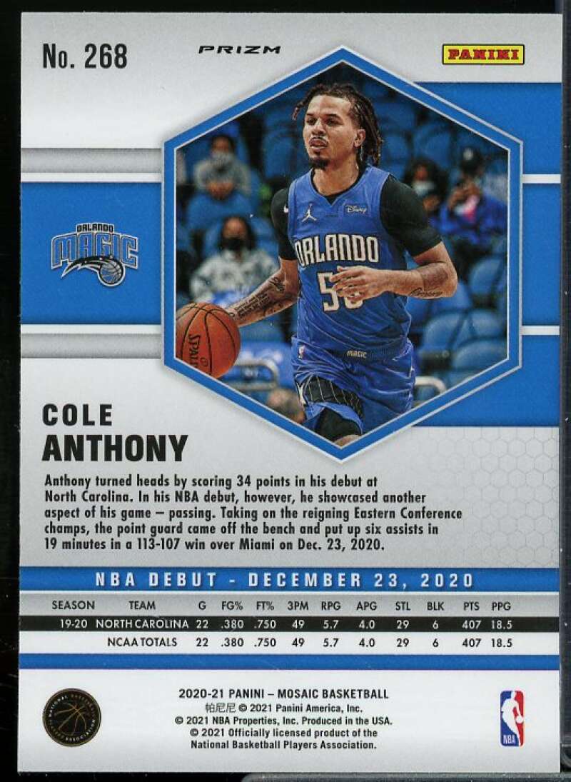 Cole Anthony Rookie Card 2020-21 Panini Mosaic Mosaic Reactive Orange #268  Image 2