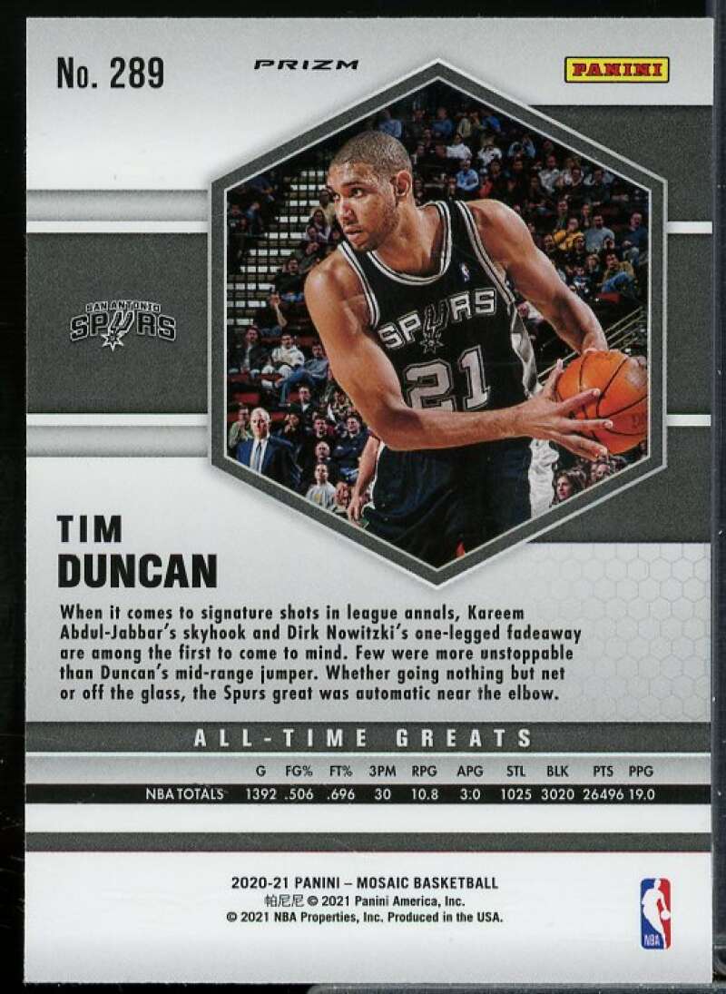 Tim Duncan Card 2020-21 Panini Mosaic Mosaic Reactive Red #289  Image 2